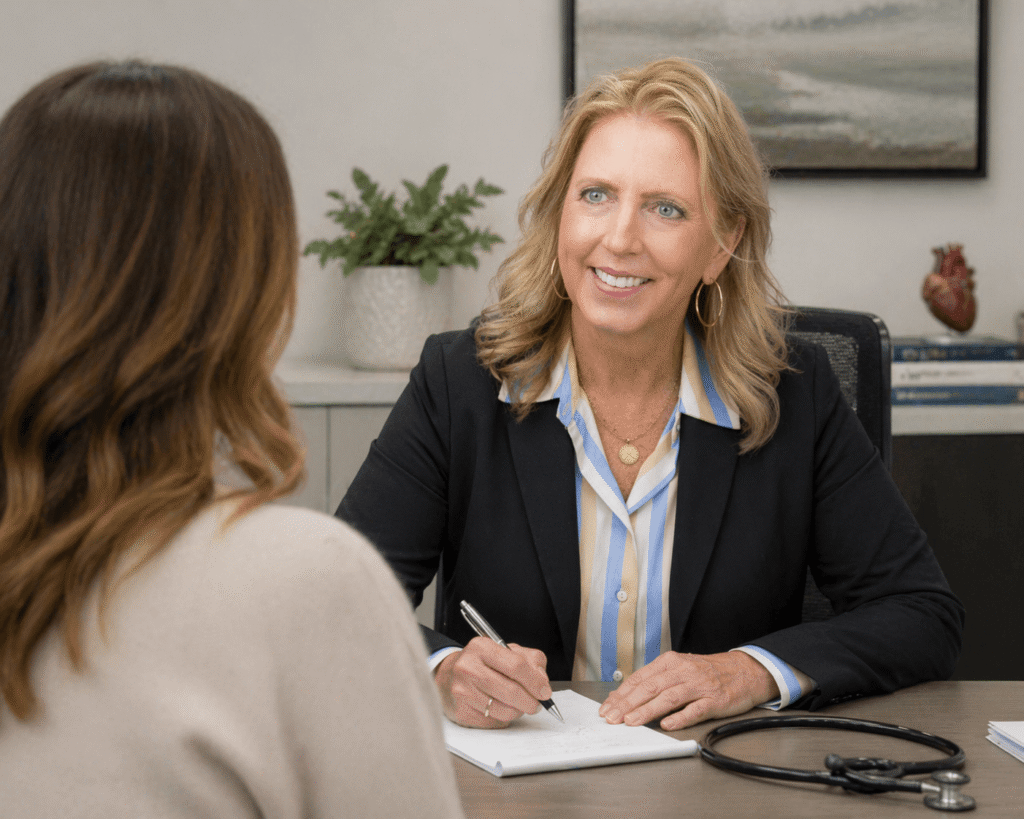Dr. Huhn-Usry consulting a lady about her mammogram options