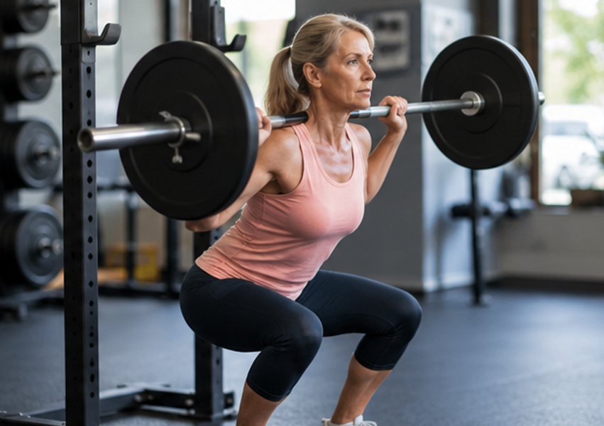Older woman performing a weighted squat during strength training