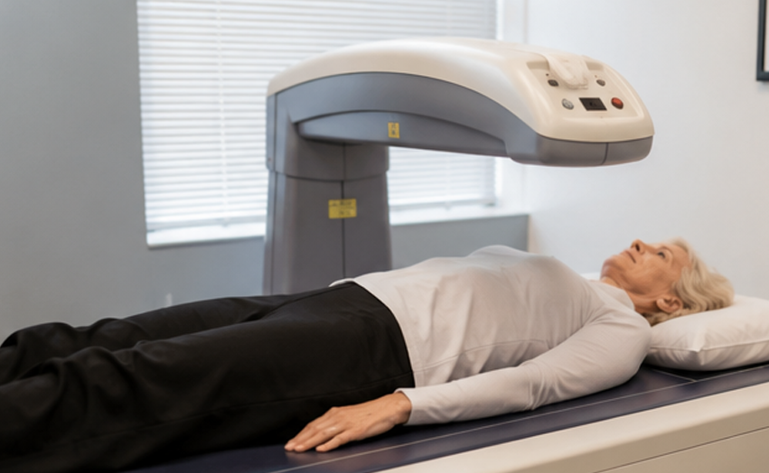 Woman undergoing a DXA scan for bone density and body composition